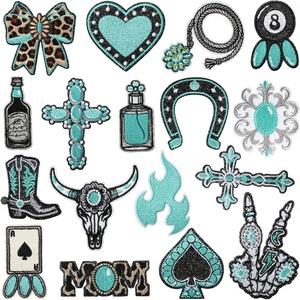 Parche bordado de fieltro no tejido azul ágata, decoración de ropa de moda, insignia bordada en cruz, lazo con estampado de leopardo, estilo vaquero occidental - Product Image 2