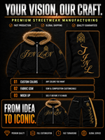 Setelan Olahraga Pria Custom, Hoodie Zip Up, Celana Lengan Lebar, Bordir Emas, Trim Hoodie Bulu, Ukuran Besar, 2 Potong