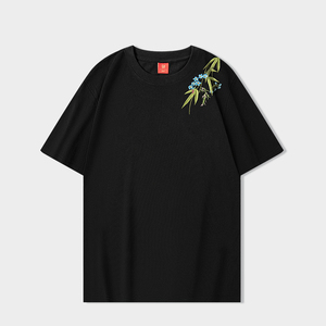 Camiseta Negra para Hombre con Bordado Floral, 100% Algodón, Cuello Redondo, Manga Corta, Estilo Casual Urbano, Logotipo Personalizado - Product Image 2