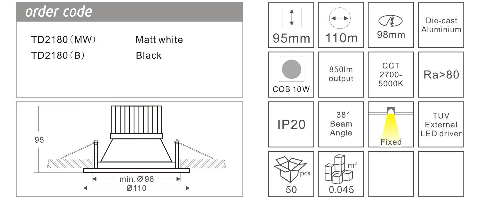 10W Smart LED Recessed Downlights 100mm Cut Out Anti Glare Fire Rated BS476