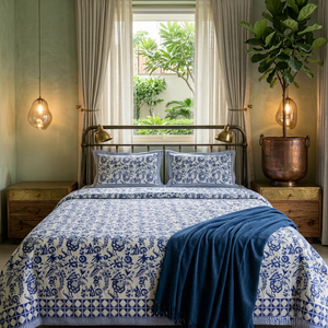 Juego de Sábanas de Algodón Estampadas a Mano con Diseños Indios |   Ropa de Cama Jaipuri Floral Azul de Lujo Ligero, Duradera, 200 Hilos |   Juego de 3 Piezas para el Hogar al por Mayor - Product Image 1