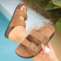 Sandales à enfiler en daim pour femme, à double boucle, bout ouvert, pantoufles souples, chaussures de plage et de piscine, beige, marron, noir