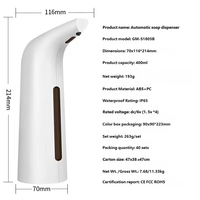 Distributeur automatique de savon liquide sans contact, alimenté par batterie, étanche, 400 ml (13,53 oz), à fixer au mur, pour cuisine, salle de bain, restaurant