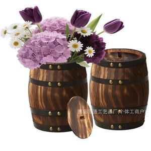 Jarrón de Almacenamiento de Madera con Forma de Barril de Vino, con Tapa, Redondo, Decorativo para Escritorio, Maceta, Adorno para Plantas de Exterior - Product Image 1
