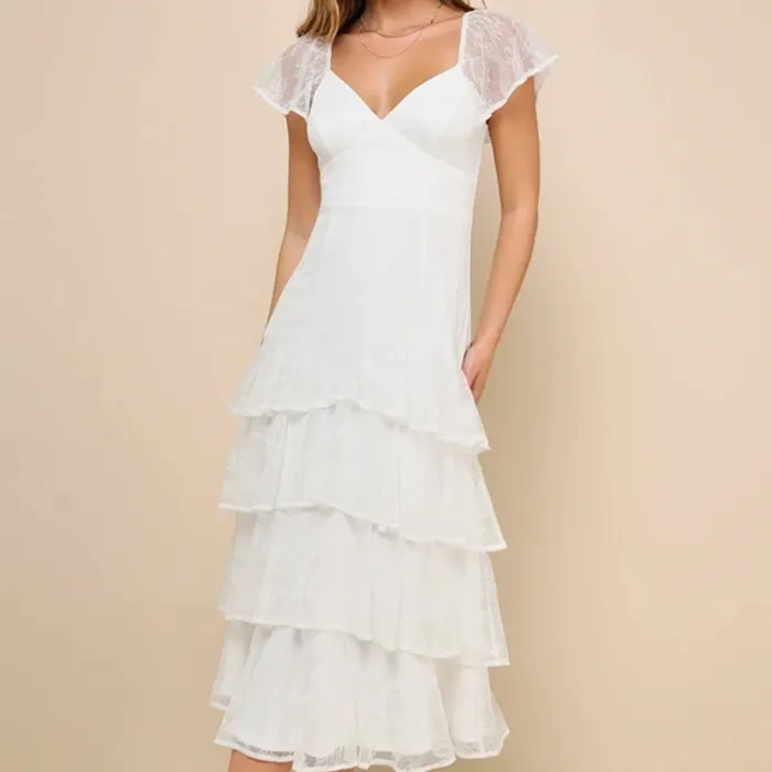 White Lace Flutter Sleeve Vintage Tiered Maxi Dress deep V-Neck Backless Puffy Dresses Ladies Party Dresses Elegant