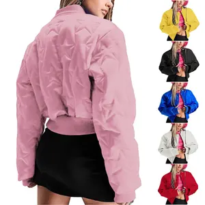 2023 Star Pattern Cotton Padded Bubble Coat Women Patchwork Puffer Outwear Solid Color Winter Warm Zipper Crop Top Jacket