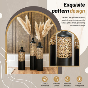 Handcrafted Metal Floor <b>Vase</b> Set Black Gold Cutout Design Tall <b>Vases</b> 20.8 24.8 28.7 Inches Living Room Entryway Decor - Product Image 5