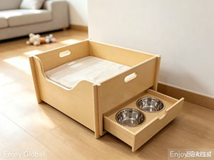 Lit pour <span class=keywords><strong>chien</strong></span> en bois massif avec tiroir coulissant, bols en acier inoxydable, coussin moelleux, maisonnette en bois pour animaux de compagnie d'intérieur pour chiens de petite et moyenne taille - Product Image 2