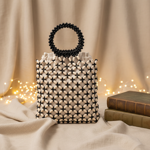 Bolso de playa de madera con cuentas, hecho a mano, tejido, para mujer, con diseño de nicho, hueco, tipo cubo, con forro y cordón ajustable - Product Image 1