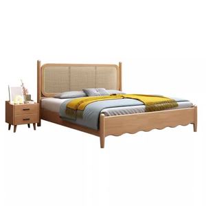 Lit en rotin et bois massif, mobilier sur mesure pour hôtel et appartement, lit double king size avec rangement, ensemble de meubles de chambre en bois - Product Image 6