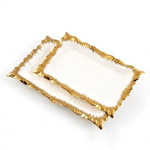 Modern Luxury Middle Eastern Style Gold Edged Porcelain Dinnerware White Square Pattern Oval Rectangular <b>Ceramic</b> Dish Gold Edge - Product Image 3