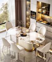 Table à manger ovale avec cadre doré, ensemble en cuir crème, plateau en pierre, élégante, 6 places, pour hôtel, restaurant, personnalisation possible