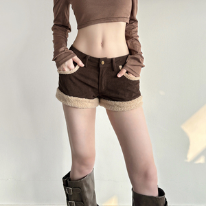 Shorts Cortos de Cintura Baja con Parches de Pana de Estilo Europeo Americano Vintage, Color en Contraste, Ajustados y Sexys para Mujer - Product Image 3