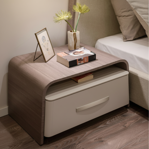 Mesita de noche curva con aspecto de madera con cubículo abierto y un solo Cajón Grande, diseño minimalista moderno, disponible a precios al por mayor - Product Image 1