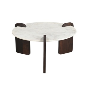 Fabrication indienne Solene Table basse ronde en marbre blanc avec base en bois pour bureau à domicile, café et hôtel au prix d'exportation - Product Image 1