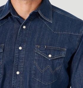 Camicia da Lavoro in Denim per Uomo, Manica Lunga, Stile Western, 100% Cotone, Traspirante e Antivento, Collo Classico, Blu Scuro - Product Image 3