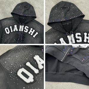 High Quality French Terry Men's Hoodies 100% Cotton Acid Wash Zip up Hoodie Custom Logo Embroidered Patchwork Rhinestone Hoodie - Product Image 4
