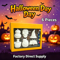 Perlengkapan Lukis DIY Halloween untuk Anak-Anak, 6 Bentuk Figurine Plester Tanpa Warna dengan Kuas Lukis, Pasokan Pabrik