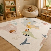 Educational World Map Area Rug for Kids Room Cute Animal Pattern Play Mat Large Non-slip Nursery Carpet Soft Washable Floor Rug