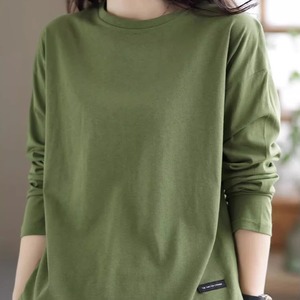 Crew Neck Solid Color Long Sleeve Loose T-Shirt Green Polyester Daily Wear Women's Top - Product Image 1