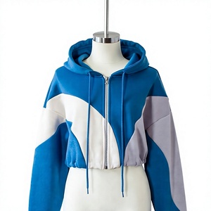 Women's Color Block <b>Cropped</b> <b>Zip</b> <b>Up</b> Hoodie Oversized Fleece Sweatshirt Casual Long Sleeve Hooded Streetwear Jacket - Product Image 1