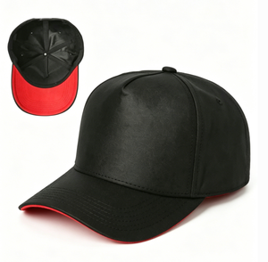 Casquette de baseball en cuir PU noir avec dessous de visière rouge, visière incurvée réglable, 6 panneaux, unisexe, vierge et unie - Product Image 1