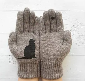 冬季手套男女青少年可爱猫鸟印花保暖针织手套防风冬季保暖手套手套柔软