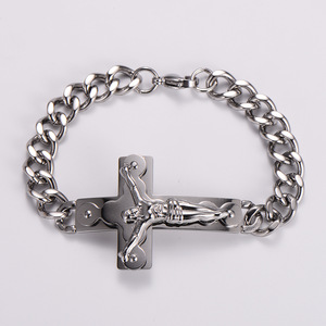 Bracelet Croix Crucifix en Acier Inoxydable 316L Plaqué Or 18 carats et Argent, Chaîne Curb, Bijoux Religieux Corpus pour Hommes et Femmes, Vente en Gros, Personnalisation OEM - Product Image 3