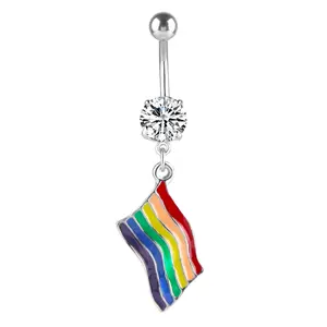 VRIUA Fashion Stainless Steel Colorful Flag Pendant Zircon Navel Belly Button Piercing Jewelry Surgical Steel Belly Rings