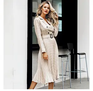 शरद ऋतु सर्दियों गर्म बिक्री Pleated एक लाइन लंबी आस्तीन रंगीन जाकेट सूट प्लेड पोशाक
