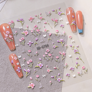 1 autocollant 5D en relief pour ongles, motif fleur rose et violette, tulipe, rose, pétale, décalcomanie adhésive pour décoration d'ongles - Product Image 4