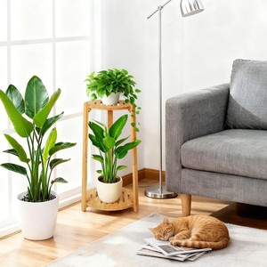 Support à plantes à double niveau en bambou, design circulaire minimaliste, support pour pot de fleurs de jardin, pour usage intérieur et extérieur - Product Image 2