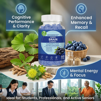 Gummies pour le cerveau au Ginkgo avec Ashwagandha, Rhodiola Rosea, Vitamines B, C, D, saveur myrtille, complément alimentaire, 60 unités, sans OGM