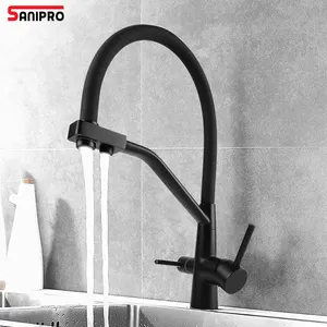 SANIPRO-Tubo de silicona Flexible de acero inoxidable, mezclador de fregadero con doble Mango, purificador de agua, color negro, grifos de cocina