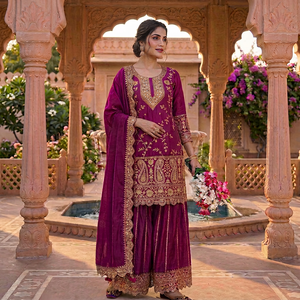 Conjunto de Salwar Kameez de Seda Chinon Bordado en Morado con Dupatta para Mujer, para Bodas, Graduaciones, Fiestas Tradicionales Indias y Pakistaníes - Product Image 1