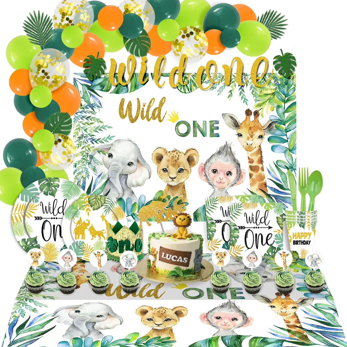 Nicro Jungle Animals Theme Wild One Party Supplies Wild One Balloon Banner Backkrop Tablecloth Kids Birthday Party Decoration