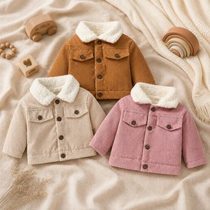 Veste d'hiver pour bébé, en velours côtelé fin, doublée de sherpa, col boutonné, poche poitrine, style trucker, manteau pour tout-petit - Product Image 1