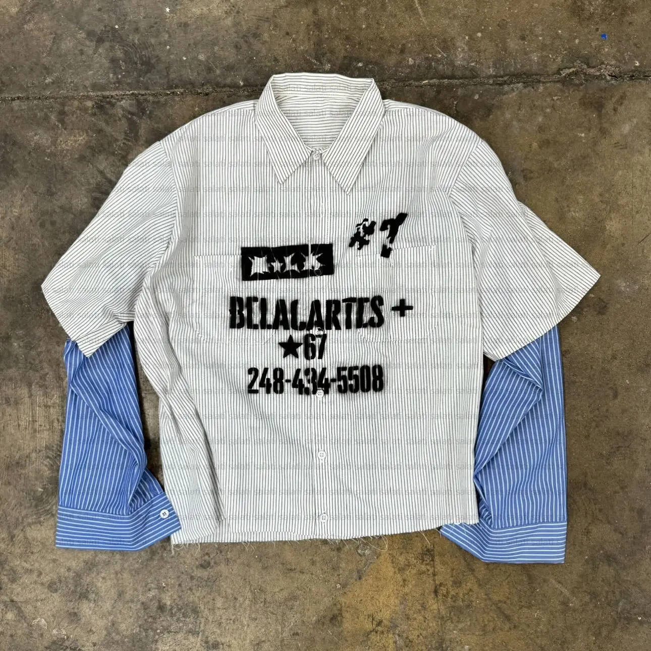 Ropa de calle personalizada, camiseta de manga larga con estampado de doble capa y botones a rayas de gran tamaño, camiseta de trabajo para hombre
