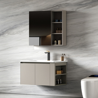 Miroir de salle de bain mural en aluminium avec vasque en céramique intégrée, LED intelligente tactile, anti-buée et rangement multifonctionnel