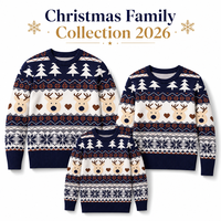 Ensemble de pulls de Noël assortis pour la famille, bleu marine, jacquard renne, tricot festif, personnalisation de marque OEM ODM