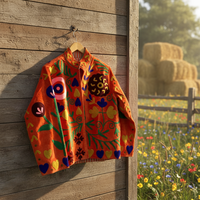 Blouson Bomber Matelassé en Coton Respirant Tricoté et Brodé Sujani Fait Main, Style Bohème Art Populaire Durable Hiver Laine Lin