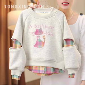 Girls Fleece Lined Thickened Long Sleeve Sweatshirt Cartoon Print Cotton Winter <b>Top</b> For Children <b>Cross</b> Border - Product Image 2