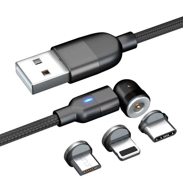 1M 540 Magnetic Charging Cable for Mobile Phones 360/180 Rotating 3A Fast USB Charger Nylon Sheath IP11 Compatible Standard