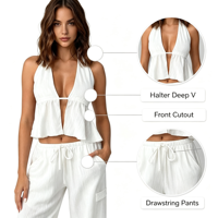 Ensemble élégant VELAN pour femme : Haut court dos nu en dentelle et jupe moulante sans manches – Collection Printemps-Été