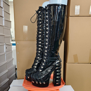 Wide Fit Front Lace up Patent Knee High <b>Boots</b> Women Metal Buckles Thick <b>Platform</b> Chunky Heels Long Booties Big Size 47 Shoes - Product Image 5