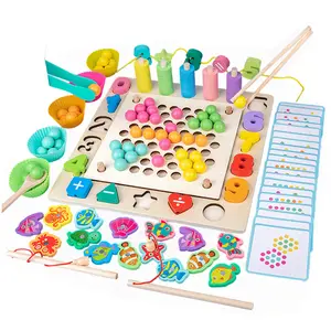 5合1儿童教育玩具学龄前穿线数字玩具珠子拼图木夹钓鱼游戏