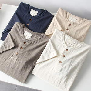 T-shirt Estiva da Uomo in Misto Cotone-Lino con Colletto Henley Stile Americano, Produzione Cinese, Vestibilità Standard - Product Image 1