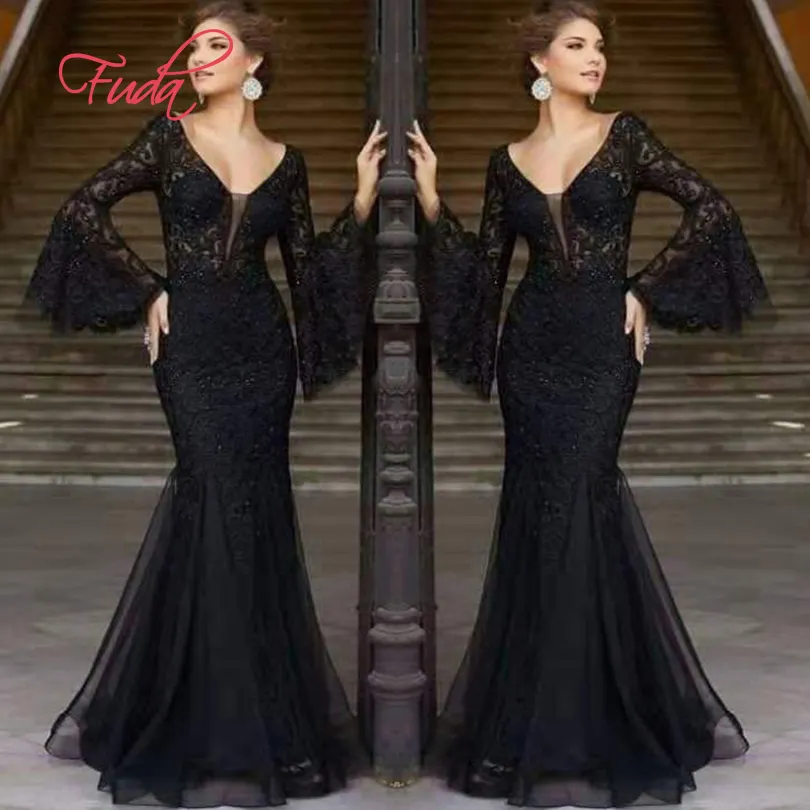 FUDA AB663 Damen elegantes plissiertes Ärmelkleid Übergröße Damen Spitzen langes formelles Kleid Abendkleid