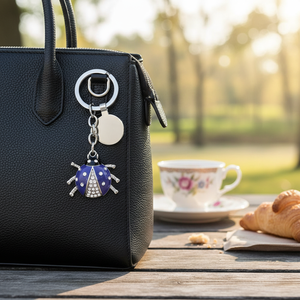 Portachiavi Coccinella in Cristallo Blu Nero con Strass, Ciondolo Charm per Borsa - Product Image 3