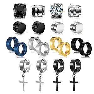 Boucles d'oreilles magnétiques pour hommes en acier inoxydable noir Cz Non Piercing Dangle Hoop Clip magnétique boucles d'oreilles pour hommes